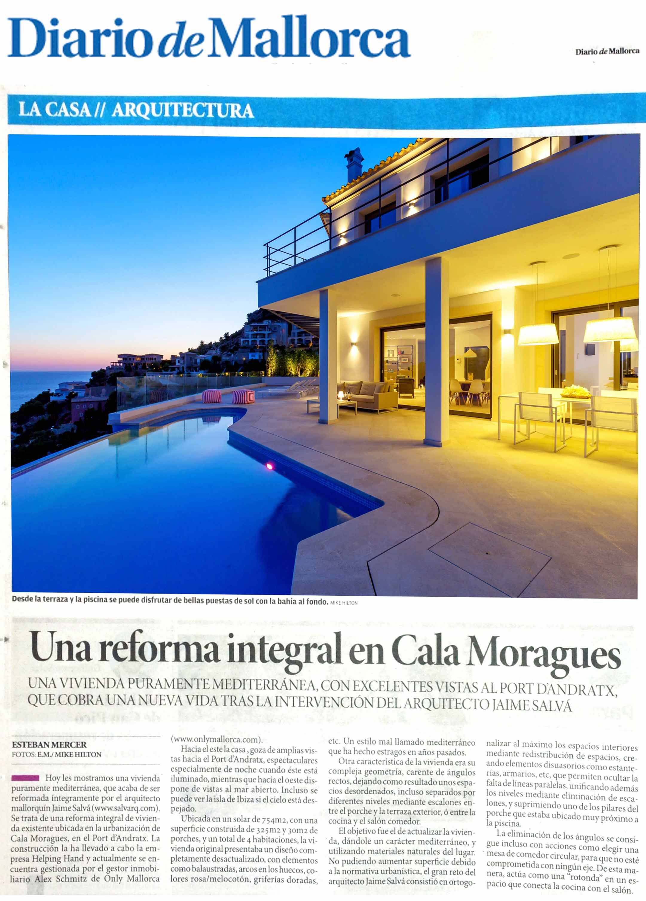 Publicación Cala Moragues en el periódico DIARIO DE MALLORCA