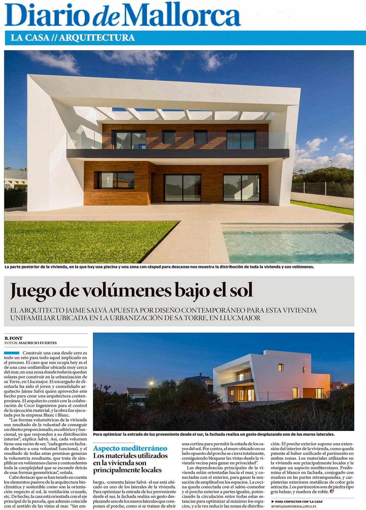 Publicación J400 Casa Elena & Manuel en el periódico DIARIO DE MALLORCA